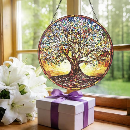 Stained Glass Window Hanging - Colorful Tree of Life Suncatcher with Metal Chain, Glass Panel Ornament for Home Window Wall Indoor Outdoor Decor Gift