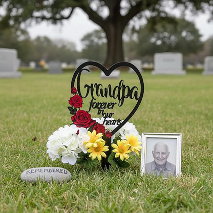 AIM & GGKK Memorial Stake for Grandpa - Metal Heart Grave Marker with Red Roses, Memorial Plaque Cemetery Decor for Grave, Garden, Gravesite