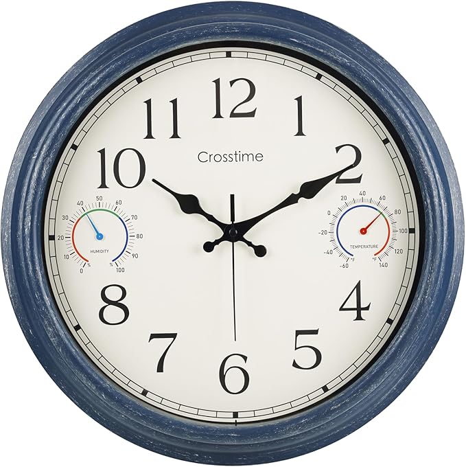 Crosstime 16 Inch Large Outdoor Clock with Thermometer & Hygrometer – Vintage Blue Coastal Decor Waterproof Wall Clock for Patio, Pool, Garden, Backyard