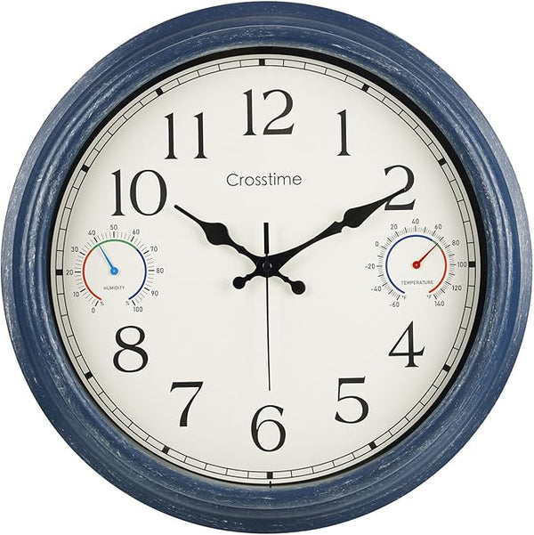 Crosstime 16 Inch Large Outdoor Clock with Thermometer & Hygrometer – Vintage Blue Coastal Decor Waterproof Wall Clock for Patio, Pool, Garden, Backyard