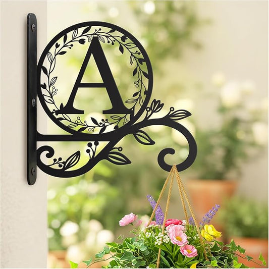 Personalized Initial Metal Plant Hanger Bracket, Decorative Wall Mount Hanging Plant Hook, Monogram Floral Leaf Garden Stake for Hanging Baskets Bird Feeders Lanterns Wind Chime (A)
