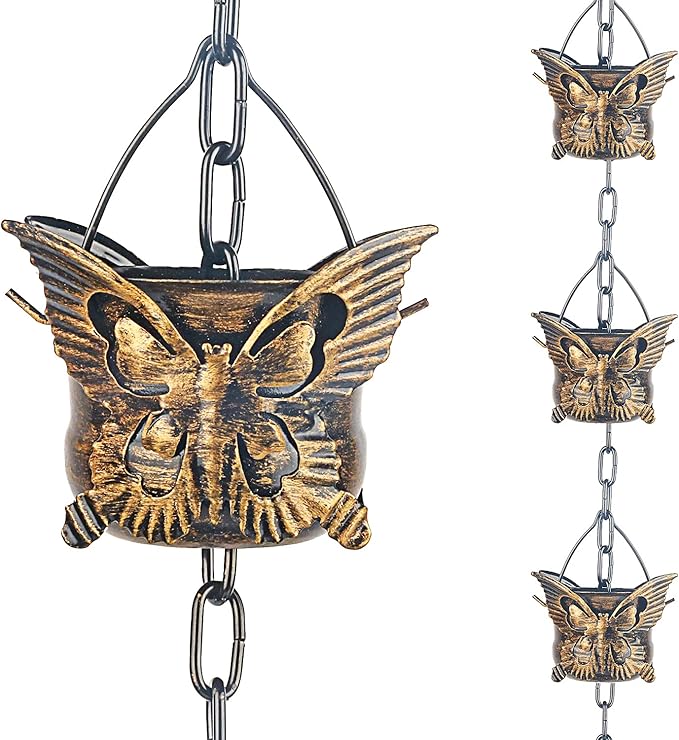 Rain Chains for Gutters Outside 8.5FT Copper Rain Catcher Chain with 13 Butterfly Cups Decorative Replacement for Downspout