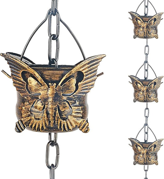 Rain Chains for Gutters Outside 8.5FT Copper Rain Catcher Chain with 13 Butterfly Cups Decorative Replacement for Downspout