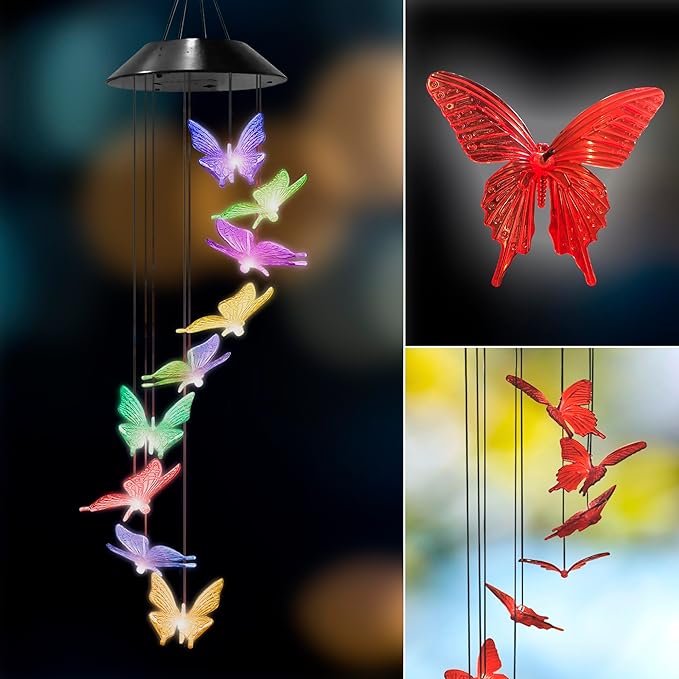 Upblend Outdoors Butterfly Solar Wind Chimes for Outside – Color Changing LED Wind Chimes for Outside, Solar Chimes Outdoor Waterproof – Butterfly, Red