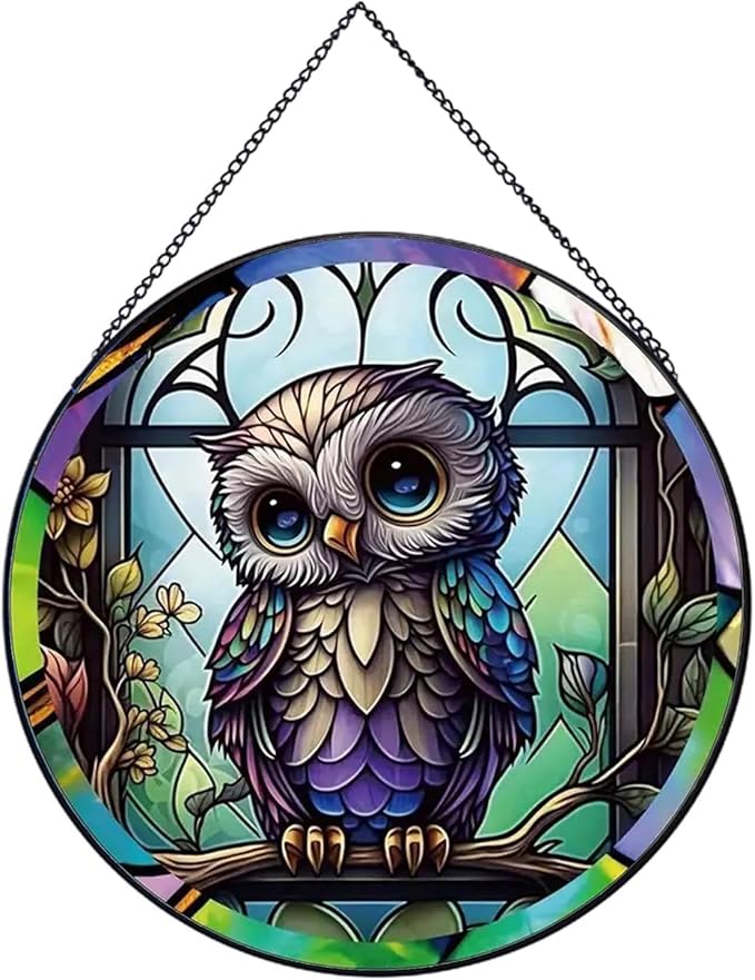 Baby Owl Suncatcher Stained Glass,Hanging Stained Glass for Windows for Animal Lovers,20cm/7.87inch Hand-Painted Sun Catcher Garden Hangings Ornaments Halloween Fall Christmas Decor for Home