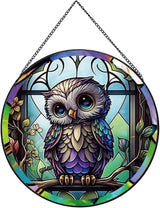 Baby Owl Suncatcher Stained Glass,Hanging Stained Glass for Windows for Animal Lovers,20cm/7.87inch Hand-Painted Sun Catcher Garden Hangings Ornaments Halloween Fall Christmas Decor for Home