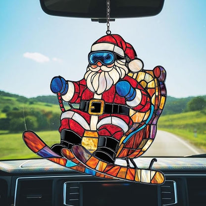 Funny Santa Claus Skiing Acrylic Suncatcher Stained Glass Effect Window Car Hanging Christmas Ornament Indoor Outdoor Decor Garden Sun Catcher Panel for Christmas Lover for Women Mom Grandma