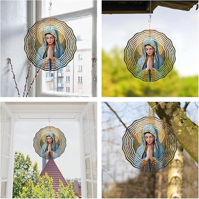 Virgin Mary Prayer Wind Spinner, Metal Wind Spinners Outdoor Indoor, Religious Virgin Mary Hanging Garden Decor for Outside, Stainless Wind Spinners for Yard and Garden 10 inch 3D (25.76X25 CM)