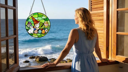 Funoasis Stained Glass Window Hanging Suncatcher - 6.3 Inches Easter Eggs and Rabbit Gnome Ornaments Sun Catcher Home Decor Spring Decoration
