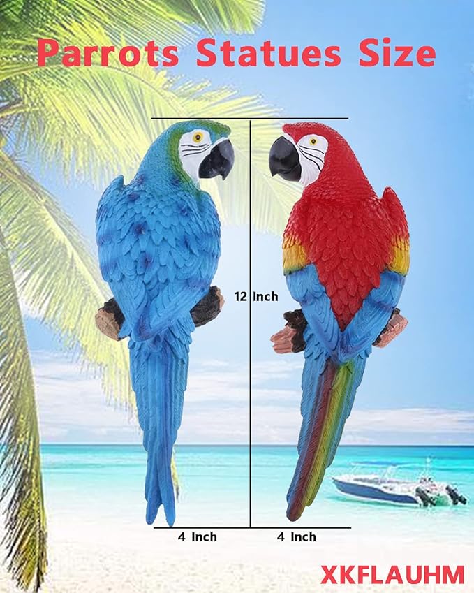 2Pcs Large Parrot Decor Outdoor Tiki Bar Decorations Realistic Parrot Statues for Outside Lifelike Bird Fake Macaw Sculptures Garden Patio Yard Law Tropical Tree Wall Decoration(Blue, Red)