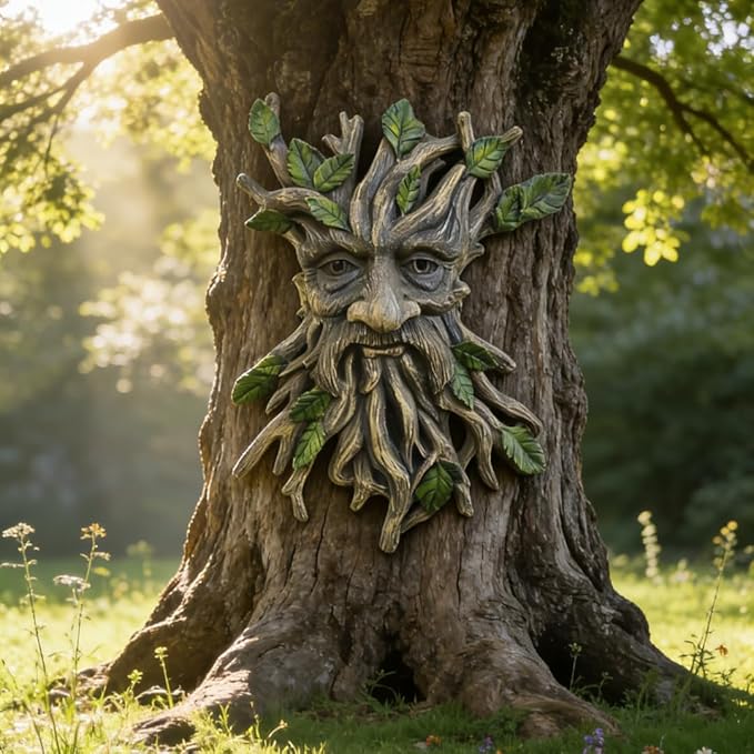 Whimsical Tree Face Garden Decoration ，Tree Faces Decor Outdoor Wallmounted Statue Art with Leaf Features, Outdoor Decor Garden Accessory (Nature and Outdoors)