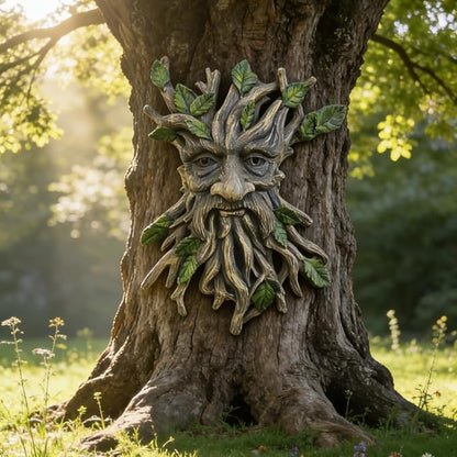 Whimsical Tree Face Garden Decoration ，Tree Faces Decor Outdoor Wallmounted Statue Art with Leaf Features, Outdoor Decor Garden Accessory (Nature and Outdoors)
