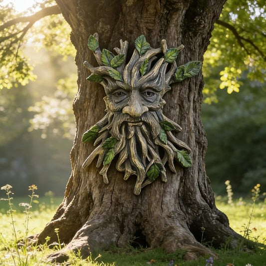Whimsical Tree Face Garden Decoration ，Tree Faces Decor Outdoor Wallmounted Statue Art with Leaf Features, Outdoor Decor Garden Accessory (Nature and Outdoors)