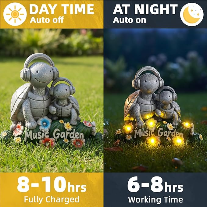 Solar Garden Turtle Statue 5.9"with Headphones,Solar Statue with 5 LED Lights,Anti-Fade Stone Texture Turtle Gifts for Women Men Mom Dad,Unique Resin Lawn Ornaments for Patio Yard Lawn Balcony