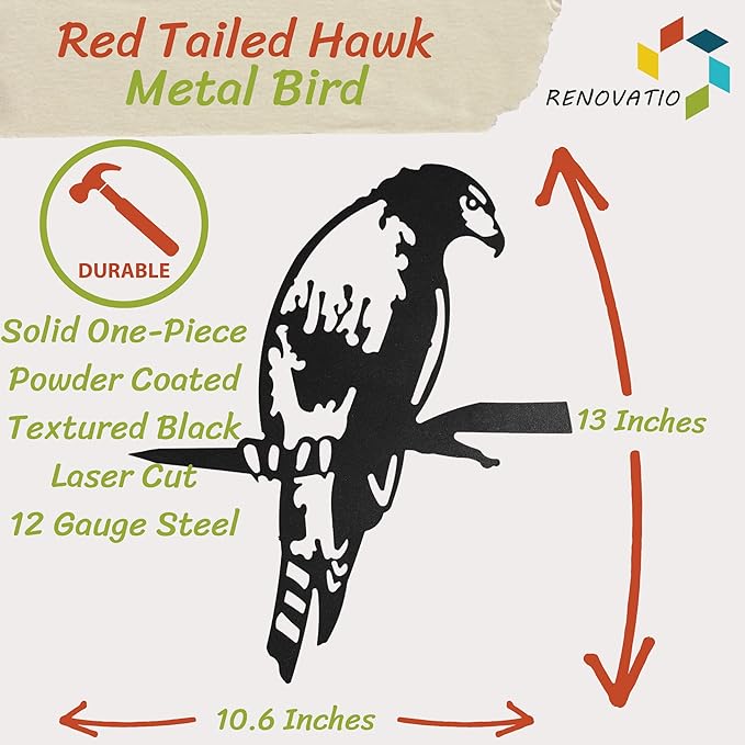 Renovatio Metal Bird Decor, Gifts for Mom, Majestic Bird Decoration, Metal Garden Sculpture, Outdoor Tree Ornaments – A Remarkable Outdoor Yard Decor – Hawk (Black)