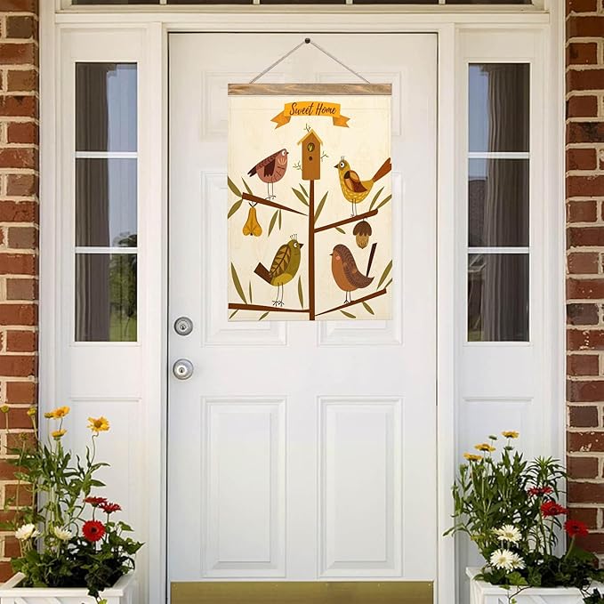 Mugod Bird Spring Summer Garden Flag, Birds on Birdhouse Vertical Double Sided Burlap Yard Flag 12.5x18 Inch for Home Villa Patio Lawn Outdoor Decor