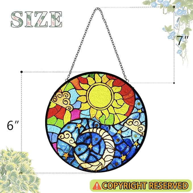Suncatcher Indoor/Outdoor Stained Glass Window Hanging - Sun and Moon Handmade Stained Glass Suncatchers Hanging with Hook and Chain - Decoration for Home Garden Christmas Wedding Housewarming Gifts