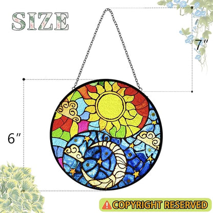 Suncatcher Indoor/Outdoor Stained Glass Window Hanging - Sun and Moon Handmade Stained Glass Suncatchers Hanging with Hook and Chain - Decoration for Home Garden Christmas Wedding Housewarming Gifts