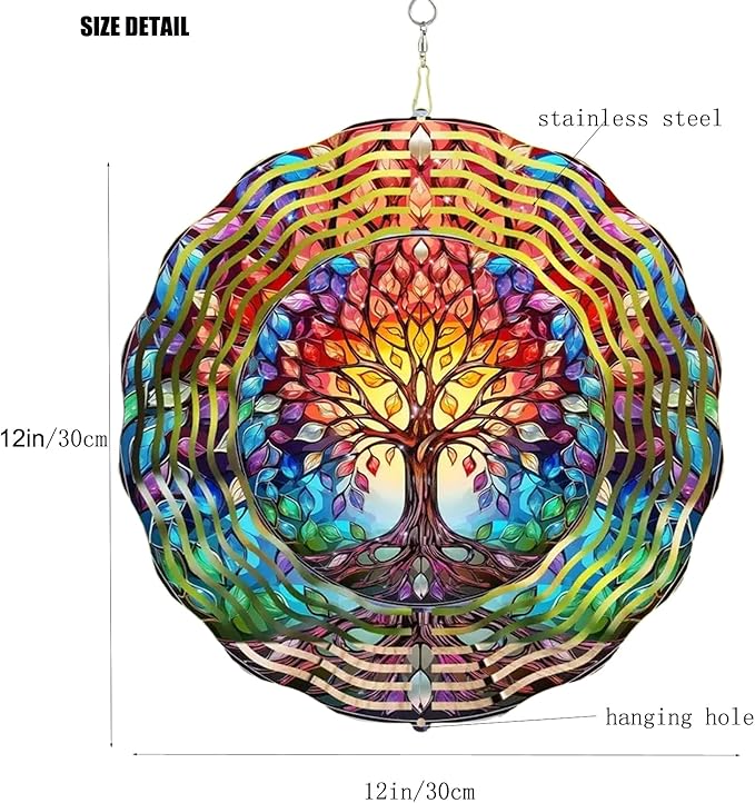 Wind Spinner, 3D Hanging Wind Spinner Ornament, Gifts for Women Mom Grandma, 12inch Metal Wind Kinetic Sculpture for Outdoor&Indoor Decor, Yard Art, Garden Decoration (New-Tree of Life)