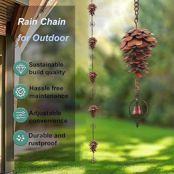 3.6ft Rain Chains for Gutters Aluminum, Outdoor Decorative Rainchain Heavy Duty Gutter Catcher Downspout Replacement, Durable Hanging Rain Gutter Chain for Eaves Drainage and Home Display (Pinecone)
