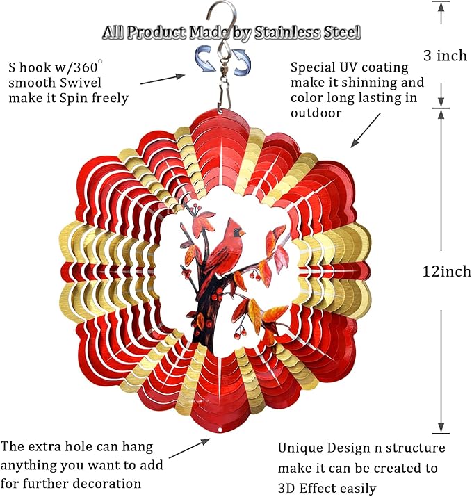 FONMY Cardinal Wind Spinner Mandala 3D Stainless Steel Hanging Wind Spinners Worth Gift Christmas Decoration Indoor/Outdoor Garden Décor Kinetic Yard Art 12 Inches Multi Red Wind Sculpture