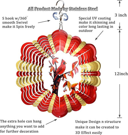 FONMY Cardinal Wind Spinner Mandala 3D Stainless Steel Hanging Wind Spinners Worth Gift Christmas Decoration Indoor/Outdoor Garden Décor Kinetic Yard Art 12 Inches Multi Red Wind Sculpture