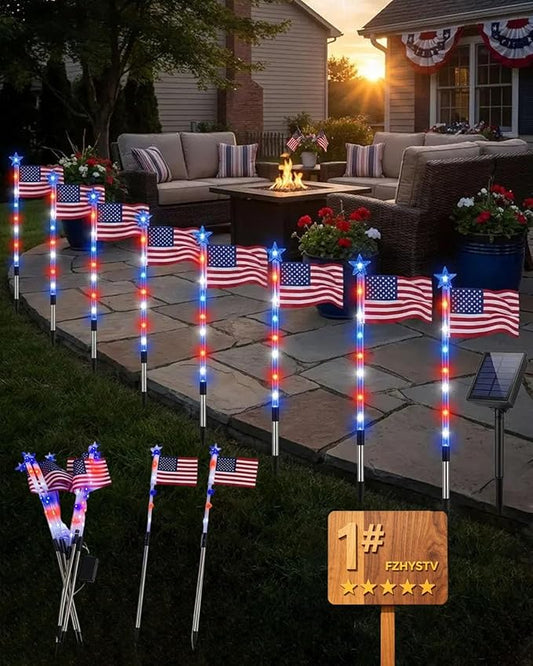 8 Piece Solar US Flag Light Set, American Flags Pole Pathway Lights, Outdoor Garden IP66 Waterproof Patriotic LED Star Stake with 8 Lighting Modes for 250th Anniversary, 4th of July Decoration