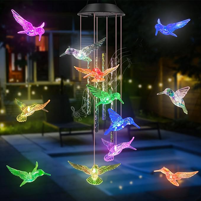 Hummingbird Solar Wind Chime lights,Unique Wind Chimes Gifts for Mom Women Grandma,Color Changing Solar Hummingbird lights Waterproof for Home Garden Yard Patio Windows Party Christmas Decor