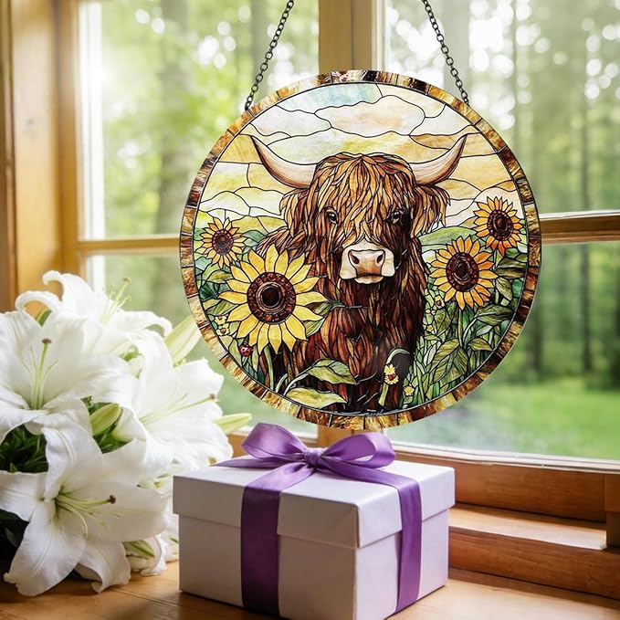 Highland Cow Stained Glass Window Hanging Sunflower Cow Western Style Suncatcher Rustic Farmhouse Window Hanging Decor for Home Garden Gift