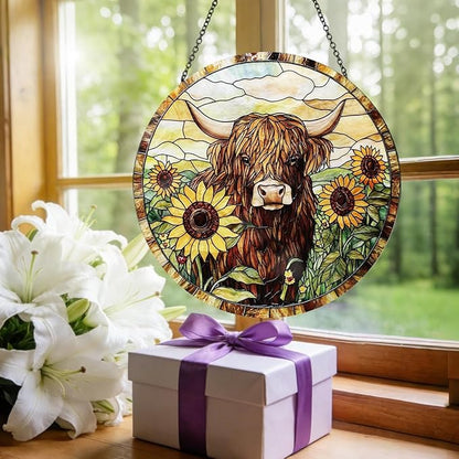Highland Cow Stained Glass Window Hanging Sunflower Cow Western Style Suncatcher Rustic Farmhouse Window Hanging Decor for Home Garden Gift