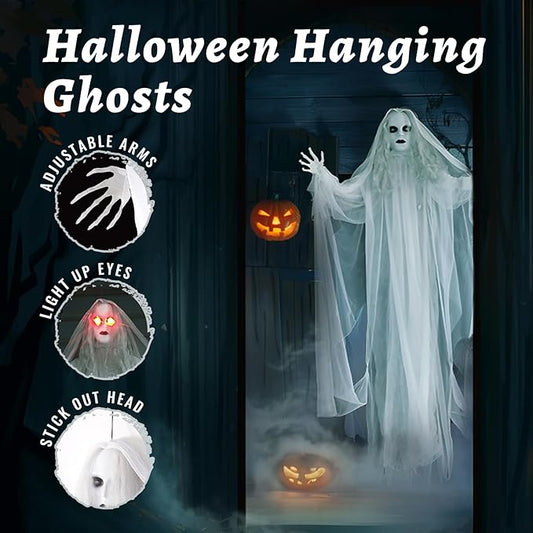 Halloween Hanging Ghosts 6FT White Ghost Ghost for Halloween Outdoor Decorations Front Yard Porch Patio Lawn Garden Trees Party Décor and Holiday（Without Battery）