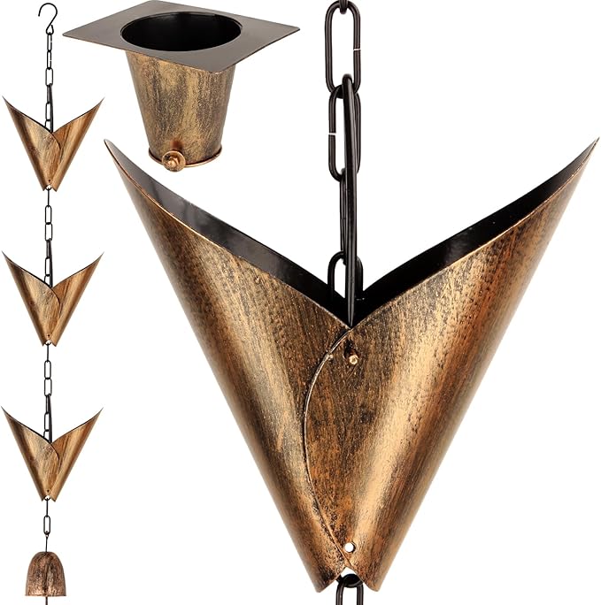 Wrought Iron Rain Chain Set with Adapter 8Ft Outdoor Garden Rain Chain Set Rain Gutter System with Brown Rain Chain Includes 12 V-Shaped Drip Cups and Bell Decorative Hooks