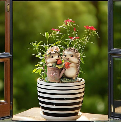 Garden Stake Decor, Acrylic 2D Flat Cute Animal Statue, Fairy Sculptures Ornament Indoor Outdoor Yard Lawn Pot Plant Decorative Accessories (Two Hedgehogs)
