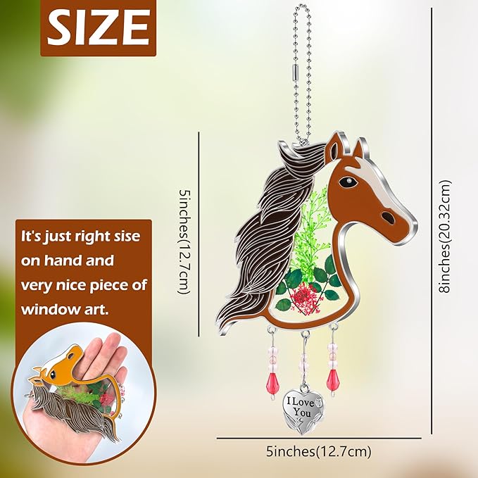 KY&BOSAM Horse Head Suncatcher Stained Glass Hand-Painted I Love You Suncatchers Ornament hangings Wind Chime with Pressed Flower Horse Embedded in Glass Window Mother`s Day Birthdays…