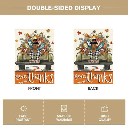 AVOIN colorlife Give Thanks Thanksgiving Garden Flag 12x18 Inch Double Sided Outside, Gobble Turkey Truck Rustic Yard Outdoor Flag