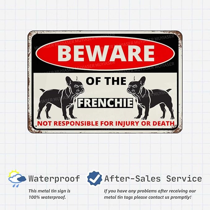 Beware Of The Dog Frenchie Sign Aluminum Metal Tin Signs Outdoor Yard Sign Warning Sign For Fence Yard Home Kitchen Farm Garden Wall Decor 8x12 Inch