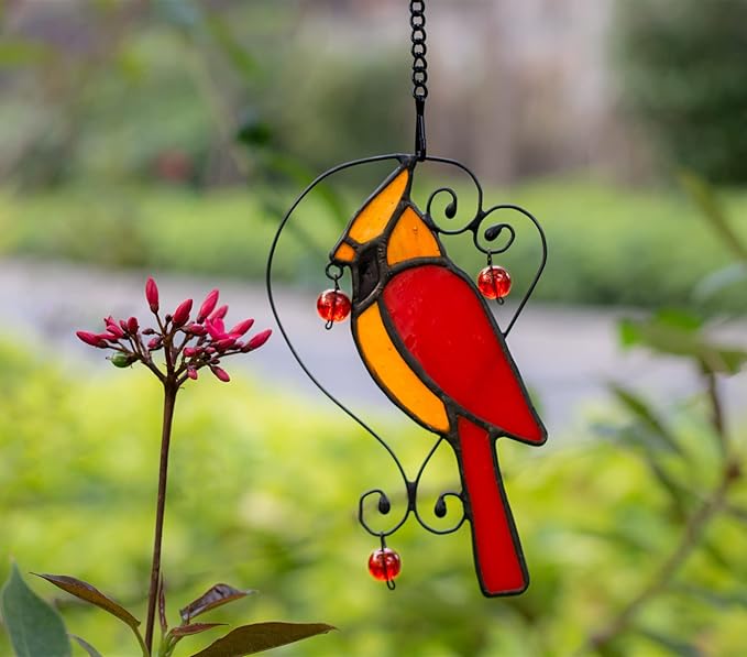 Red Cardinal Decor Stained Glass Window Hanging,Bird Ornaments Suncatcher for Window,Cardinal Gifts for Grandma,Mom, Sympathy Grief Memorial Gift (Red)
