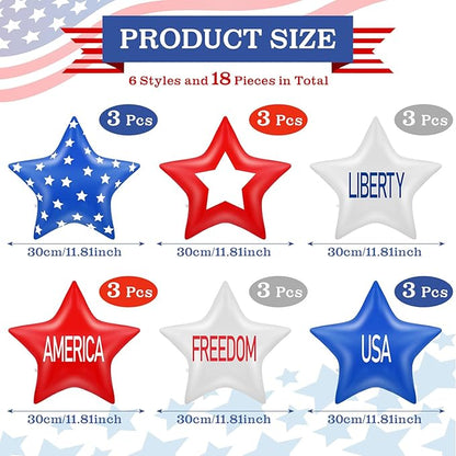 18 Pcs 12 Inch 4th of July Inflatables Outdoor Decorations 250th Anniversary Patriotic Star Ornaments Blow up PVC Inflatable Star Hanging Ornaments for American Veterans Party Festival