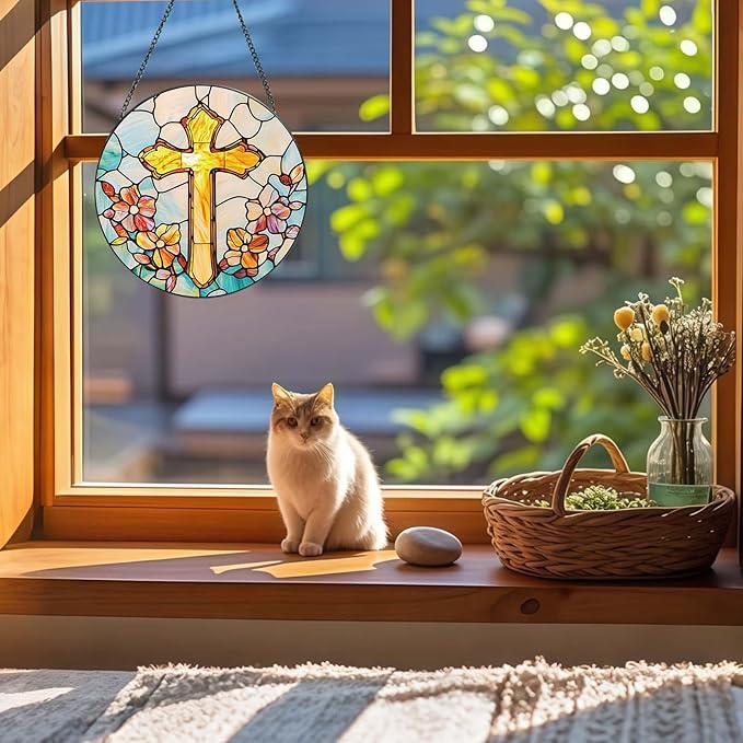 Stained Glass Cross Sun Catcher - 8'' Handcrafted Suncatcher for Window Home Decor, Symbolizing Faith, Hope, and Light, Perfect for Spiritual Spaces, Weddings, and Religious Celebrations (F)