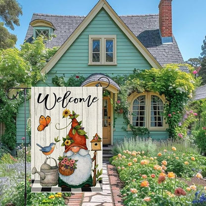 Welcome Spring Summer Garden Flag 12x18 Inch Double Sided Small Burlap Gnome Cardinal Flowers Butterfly Sunflower Buffalo Plaid Garden Flags Home Yard Lawn Holiday Outdoor Decorations