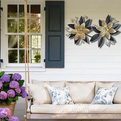 LIFFY Black Wall Decor,15" 3D Multi-layer Metal Flowers Wall Decor, Rustic Modern Floral Sculpture for Indoor Kitchen Bedroom Living Room Office Outdoor Garden Patio