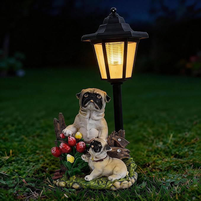 Pug Dog Solar Lights Outdoor Garden Decor Waterproof Resin Dog Statues Yard Art Gifts Patio Lawn Pathway
