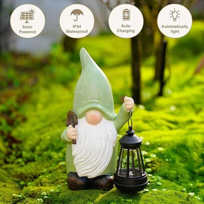 Gnome Statue with Solar Lantern - 4.92L x 9.92H Garden Figurines for Home and Garden Decor, Gnome Decorations Gift Ideas, Gifts for Women Mom
