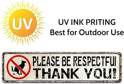 Please Be Respectful Sign No Dog Pooping or Peeing Sign for Yard | Dog Sign Industrial Warning Signs for House Lawn Outdoor Metal Decor, 4x16 Inch Tin Sign