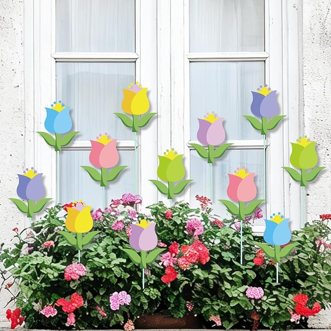 Cinrobiye 12Pcs Spring Floral Flower Planter Stakes Tulip Daisy Pot Signs 5.9Inches Colorful Floral Garden Stake Outdoor Lawn for Spring Party Patio Yard Outside Greetings Home Farmhouse Decor