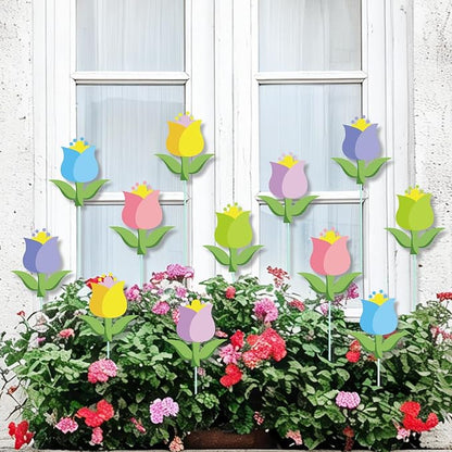 Cinrobiye 12Pcs Spring Floral Flower Planter Stakes Tulip Daisy Pot Signs 5.9Inches Colorful Floral Garden Stake Outdoor Lawn for Spring Party Patio Yard Outside Greetings Home Farmhouse Decor