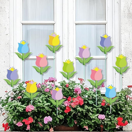 Cinrobiye 12Pcs Spring Floral Flower Planter Stakes Tulip Daisy Pot Signs 5.9Inches Colorful Floral Garden Stake Outdoor Lawn for Spring Party Patio Yard Outside Greetings Home Farmhouse Decor