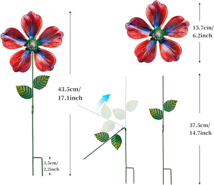 Metal Flowers Garden Stakes Outdoor Decor, 17 inch Shaking Flower Garden Yard Art, Weather Proof Flower Stakes for Yard Lawn Porch Pathway Patio Plant Pot Decorations, 4 Pack (Flower-a-Head)