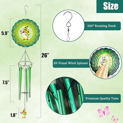 Wind Chimes with Sunflower Gnome 3D Display Wind Spinner for Outside Garden Patio Yard Decor, Metal Decorative Windchime Outdoor Hanging Gift for Mom Women Wife, for Christmas, Birthday