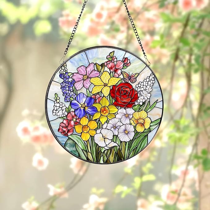 Stained Glass Window Hanging, Colorful Floral with Butterfly Glass Panel Suncatcher Hangings Sun Catchers Garden Decor for Birthday for Women, Men Mom 7.8 in